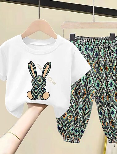  2-delig Kinderen Voor meisjes Geometrisch Broek pak reeks Korte mouw Modieus Buiten Katoen 3-7 jaar Zomer Zwart Wit Geel