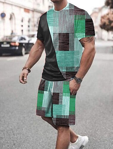  Herren Grafik Farbblock 2St T-Shirts-Sets Passende Sets Kurzarm Kurze Hosen Rundhalsausschnitt Designer Lässig Bequem Outdoor Urlaub Täglich 3D-Druck Frühling & Sommer Rote Blau Grün