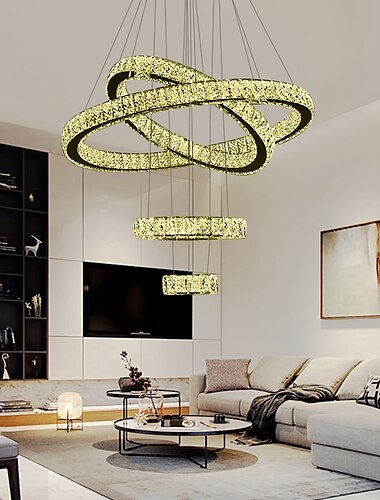  LED-Kristall-Kronleuchter, moderne LED-Ringe, Pendelleuchte, verstellbare Deckenleuchte aus Edelstahl für Wohnzimmer, Esszimmer, Hotellobby, Treppen, Villa, dimmbar