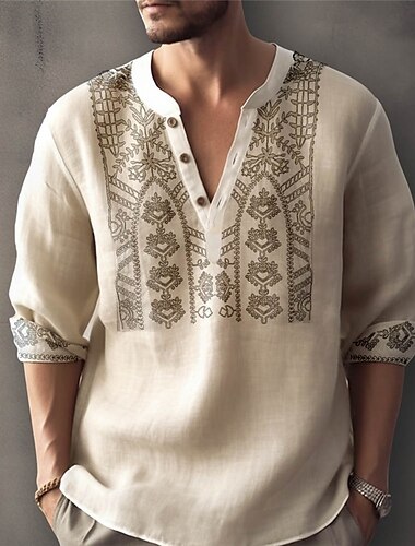  Per uomo Floreale Etnico Camicia Camicia con bottoni Manica lunga Di tendenza Streetwear Originale Esterno Giornaliero Estate Primavera Autunno Colletto alla coreana Stampa Bianco Rosa Blu Cachi