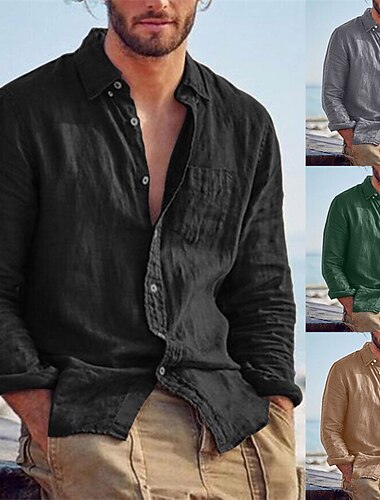 Per uomo Camicia Camicia di lino Camicia Estiva Camicia da Spiaggia Camicie sbottonate Tinta unica All'aperto Vacanza Nero Marrone Verde Cachi Manica Lunga Collo ripiegato Primavera & Autunno