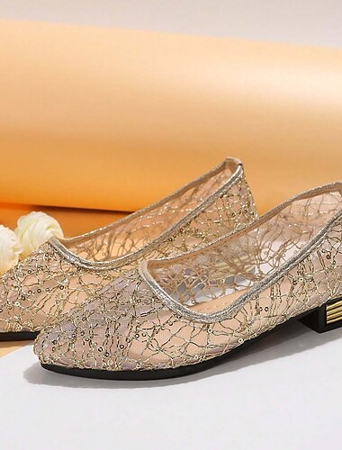  Bruidsschoenen voor de moeder van de bruid/bruidegom, champagnekleurige kanten ballerina's met lage hak voor dames, elegante en comfortabele pumps voor een avondje uit op een bruiloft