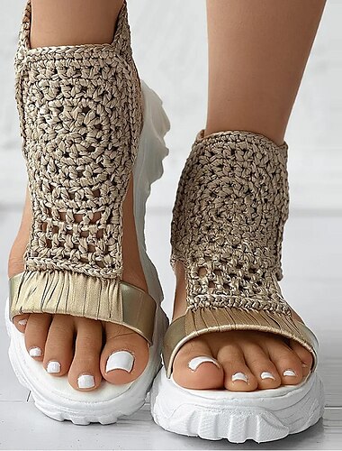  Gehäkelte Plateausandalen für Damen – handgefertigtes Obermaterial aus Strick mit Knöchelstütze und gepolsterter Sohle, stilvoll und bequem für lässige Sommeroutfits