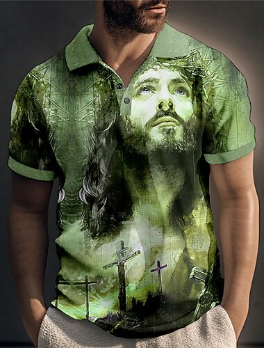  בגדי ריקוד גברים יֵשׁוּעַ נוצרי חולצות פולו חולצת גולף שרוולים קצרים חולצות פולו חולצות עם צווארון וינטאג' יום יומי בגדי נופש בגדי פסטיבלים תלבושות למסיבה כפתורים הדפסת תלת מימד אודם פול תלתן