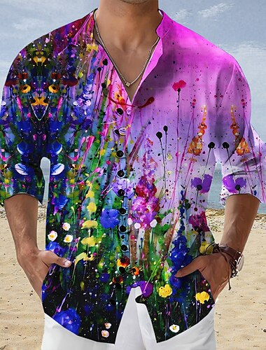  男性用 フラワー 熱帯の花 シャツ アロハシャツ 長袖 シャツ スタンド ファッション ストリートファッション デザイナー アウトドア ストリート カジュアル イエロー ルビーレッド ブルー S M L
