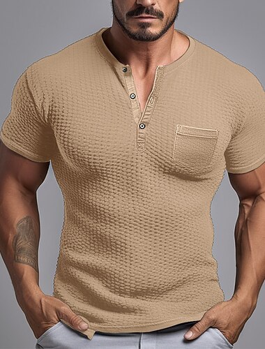  Herren Waffel-T-Shirt T-Shirt mit Knöpfen Henley Hemd Waffelstrick T-Shirt Kurze Ärmel Henley Sommer Einfach Mode Basic Tasche Urlaub Straße Ausgehen Schwarz Grün Dunkel Blau Top T-Shirt für Herren
