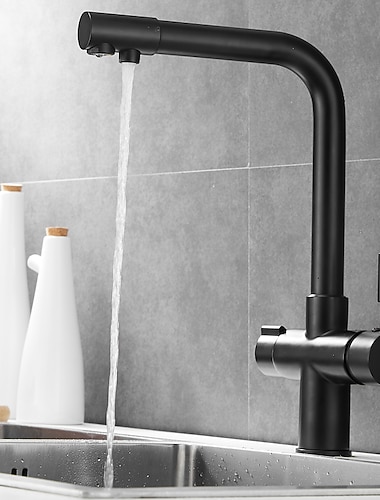  robinet de cuisine eau purifiée robinets à double bec mélangeur d'évier monté sur le pont, robinet en laiton à double poignée rotative à 360 degrés