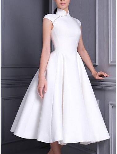  Engagement Petite Robe Blanche Robes de Douche Nuptiale Robes de Mariée A-Ligne Col Haut Manches Courtes Longueur Thé Satin Robes de Mariée Avec Plis Couleur Unie 2024