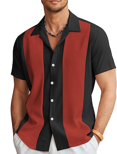  男性用 シャツ ボタンアップシャツ カジュアルシャツ サマーシャツ ボーリングシャツ ブラック ホワイト ブルー レッド グリーン 半袖 カラーブロック 折襟 ストリート 日常 プリント 衣類 ファッション 1950年代風 カジュアル 快適