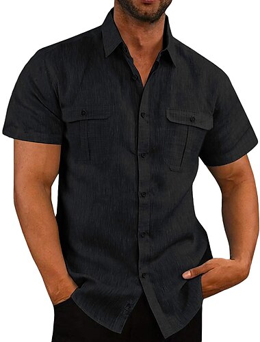  Herren Hemd Leinenhemd Sommerhemd Strandhemd Einfarbig Urlaub Täglich Schwarz Weiß Marineblau Blau Kurzarm Umlegekragen Frühling Herbst Bekleidung Button-Down