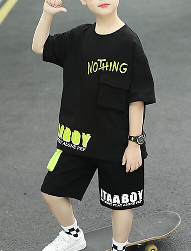  2 Stück Kinder Jungen T-Shirt & Shorts Kleidungsset Outfit Grafik Buchstabe Halbarm Tasche Baumwolle Set Training Sport Mode Cool Sommer Frühling 7-13 Jahre Schwarz Grün