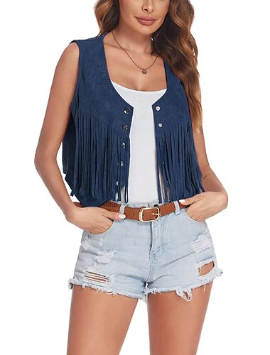  Hippie Retro Vintage 1970er Wildlederweste Damen Quaste Kostüm Jahrgang Cosplay Party Weste Karneval Schlager Outfit