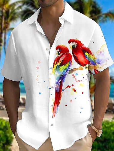  Herr Papegoja Skjorta Hawaii skjorta Aloha skjorta Kort ärm Skjorta Nedvikt Mode Designer Ledigt Utomhus Gata Ledigt Rodnande Rosa Rubinrött Purpur S M L
