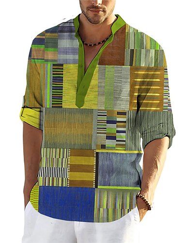  Per uomo Color Block A quadri Geometrica Camicia Camicia con bottoni Manica lunga Di tendenza Streetwear Originale Strada Giornaliero Estate Primavera Autunno Colletto alla coreana Stampa Rosso Blu