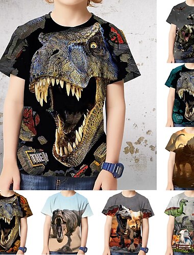  Barn Gutt T skjorte T-skjorte Dyr Dinosaur Kortermet Crewneck Barn Topp Avslappet Kul Daglig Sommer Flerfarget 3-12 år