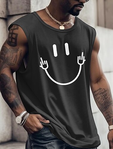  Herren Graphic Lächelndes Gesicht Shirt Ärmelloses T-Shirt für Männer Gurte T-Shirt 3D-Druck Rundhalsausschnitt Hemd Modisch Designer Muskel Täglich Sport Fitnessstudio Schwarz Weiß Marineblau