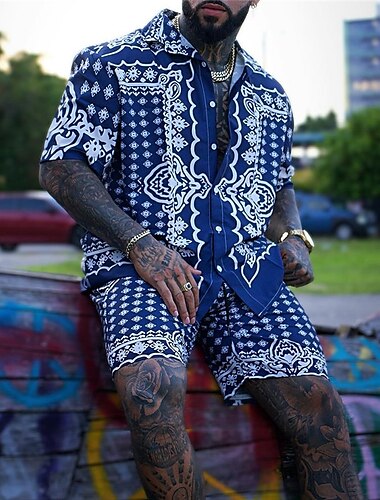  Voor heren Paisley Tribal Grafische prints Overhemden Sets Overhemd Overhemdset Hawaiiaans overhemd Korte Mouw Strijkijzer Modieus Streetwear Ontwerper Buiten Straat Casual Afdrukken Zomer Lente Rood