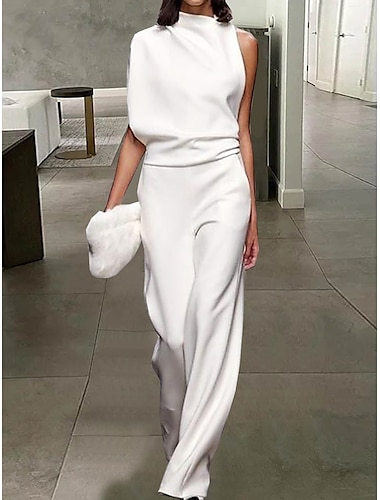  dames jumpsuit met asymmetrie mouw pure kleur wit zwart rood