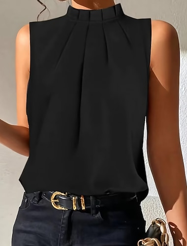  Mujer Camiseta sin mangas Plano Casual Negro Sin Mangas Básico Cuello Alto