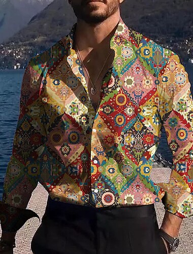  Herren Farbblock Stammes Vintage Hemd Boho-Shirt Knopfhemd Langarm Modisch Strassenmode Designer Outdoor Casual Täglich Herbst Winter Umlegekragen Bedruckt Gelb Blau