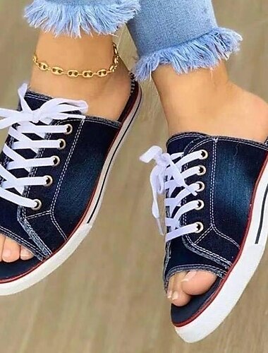  γυναικεία τζιν ανοιχτά slip-on mules με κορδόνια - casual καλοκαιρινά σανδάλια για καθημερινή χρήση