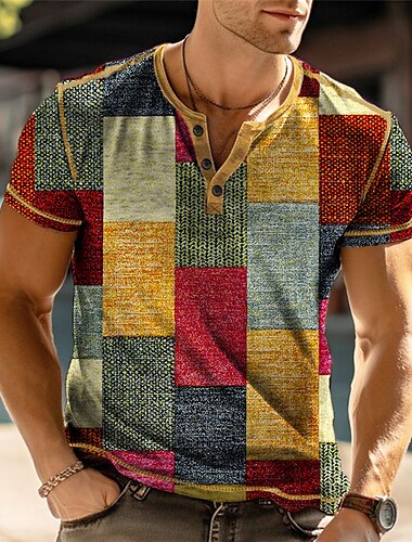  Pánské Grafika Barevné bloky Tričko Henley Krátký rukáv 3D tisk Módní Designové Pohodlné Venkovní Denní Léto Žlutá Trávová zelená Šedá Henley Tričko Henley