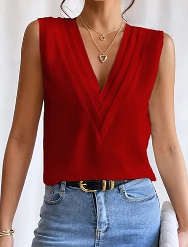  Damen Camisole Tank Top Elegant Vintage Mode ärmellos reguläre Tops V-Ausschnitt lässig Schwarz Weiß Wein Blau
