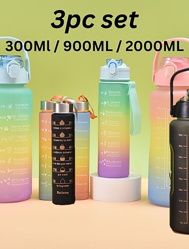  2000ml/900ml/300ml 3db matt színátmenetes műanyag pohár nagy kapacitású hordozható szalmacsésze fogantyúval kültéri utazási gradiens színbeosztású matt vizes palack sportpalackos szalmapohár