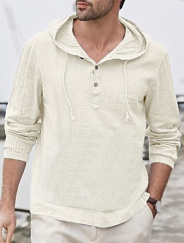  Homens Camisa Social Camisa de linho de algodão camisa de verão Camisa casual camisa de praia Tecido Casual Diário Preto Branco Verde Claro Azul Manga Longa Com Capuz Primavera Verão Roupa
