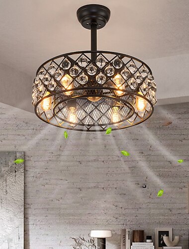  Ventilateur de plafond avec lumières cristal noir 21" blanc chaud LED 6 vitesses pales réversibles avec télécommande, lustre de ventilateur domestique, ventilateur de plafond encastré à profil bas