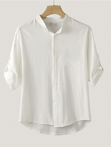  Homens Camisa Social camisa de linho Camisa de linho de algodão Camisa de algodão branco Camisa de colarinho chinês Camisa gola mandarim Tecido Férias Casual Preto Branco Verde Meia-Manga colarinho