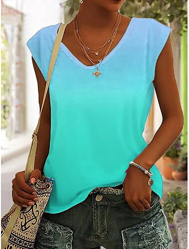 Damen Tank Top stylisch neon&amp;heller Ombre-Druck ärmellose normale Oberteile V-Ausschnitt Urlaub lässig rosa rot blau lila grün Sommer