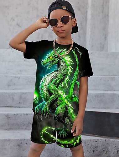  Jungen 3D Graphic Tier Drache T-Shirt & Shorts T-Shirt-Set Kleidungsset Kurzarm 3D-Drucke Sommer Frühling Aktiv Sport Modisch kinderkleidung 3-13 Jahre Outdoor Urlaub Strasse Regular Fit