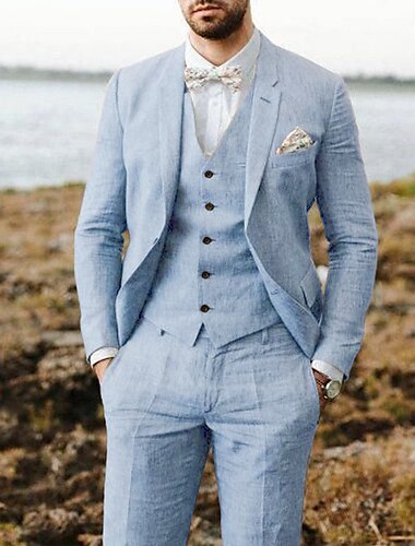  Trajes de lino azul cielo para hombre, trajes de boda de playa para verano, 3 piezas, color sólido, corte a medida, un solo pecho, dos botones, 2024