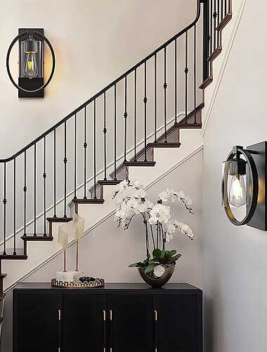  vintage vegglampe i glass med ringdesign, industrielle vegglamper svart finish, kablet innendørs vegglampebelysning for stue bad kjøkken gang (pære ikke inkludert)