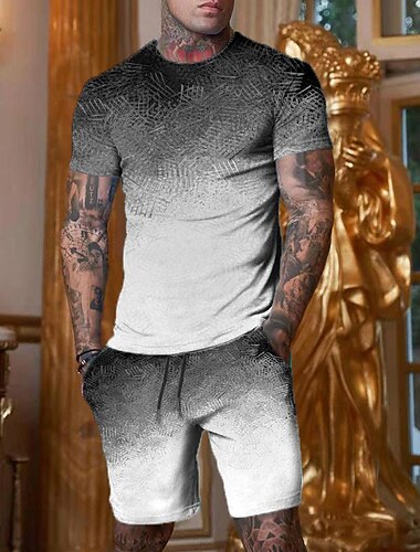  Herren Grafik Farbverlauf 2St T-Shirts-Sets Shorts und T-Shirt-Set T-Shirt-Outfits Zweifarbiges T-Shirt Kurzarm Rundhalsausschnitt Designer Lässig Bequem Outdoor Urlaub Täglich 3D-Druck 2 teilig
