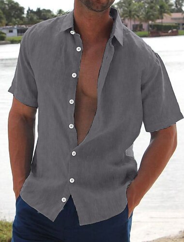  Hombre Camisa de lino Camisa de verano Ropa de playa Abotonar la camisa Camisas sin meter en el pantalón Color sólido Vacaciones Maldición Negro Blanco Rosa Azul Piscina Manga Corta Cuello Vuelto