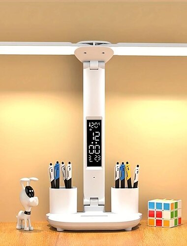  Tischlampe, LED, doppelköpfig, multifunktional, faltbar, Touch mit Kalender, Uhr, USB-Schreibtischlampe für Schlafzimmer, Nachttisch-Leselicht