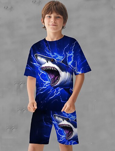  Drenge 3D Grafisk Dyr Haj T-shirt & Shorts T-shirt sæt Tøjsæt Kortærmet 3D-udskrifter Sommer Forår Aktiv Sport Mode Polyester Børn 3-13 år udendørs Gade Ferierejse Regulær