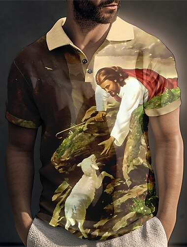  בגדי ריקוד גברים יֵשׁוּעַ נוצרי חולצות פולו חולצת גולף שרוולים קצרים חולצות פולו חולצות עם צווארון וינטאג' יום יומי בגדי נופש בגדי פסטיבלים תלבושות למסיבה כפתורים הדפסת תלת מימד צהוב פול תלתן