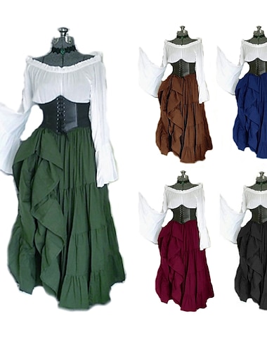 Middeleeuws Tot de enkel Jurken Korset Ren Faire Film- & TV-themakostuums Viking Outlander Dames Keltisch Piraat Fantasie Halloween Carnaval Maskerade Feesten & Uitgaan LARP Ren Faire Tiener