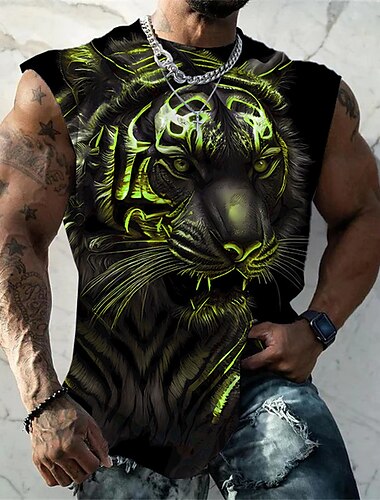  Herren Graphic Tier Tiger Shirt Ärmelloses T-Shirt für Männer Ärmellos T-Shirt 3D-Druck Rundhalsausschnitt Hemd Modisch Designer Muskel Täglich Sport Fitnessstudio Blau Rot Orange Frühling Sommer