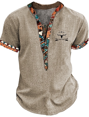  男性用 ヘンリーシャツ グラフィック トライバル スタンド 衣類 3Dプリント アウトドア 日常 半袖 ボタン プリント ファッション デザイナー ベーシック