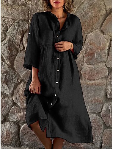  Damen Schwarz Weiß Grün Sommer Frühling Midikleid Leinen-inspirierte Kleider Hemdblusenkleid Freizeitkleid Täglich Klassisch Lässig Outdoor Urlaub Täglich Lässiger Schnitt Einfach Hemdkragen