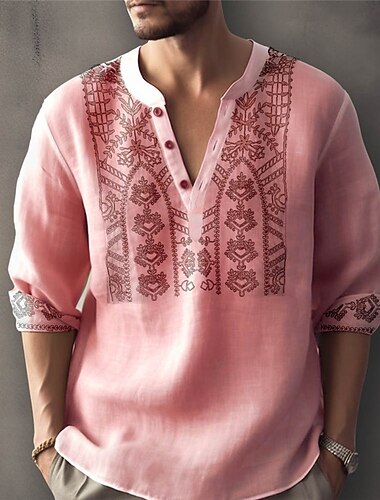  Herren Blumen Ethnisch Hemd Knopfhemd Langarm Mode Streetwear Designer Outdoor Täglich Sommer Frühling Herbst Stehkragen Druck Weiß Rosa Blau Khaki Grau