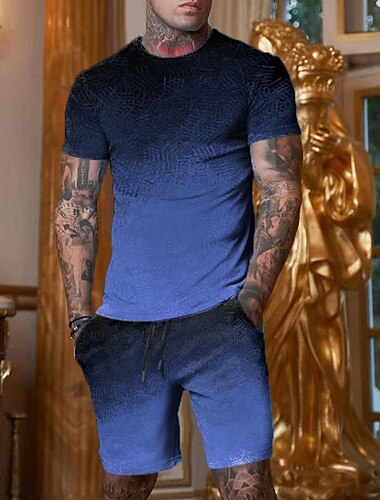  Herren Grafik Farbverlauf 2St T-Shirts-Sets Shorts und T-Shirt-Set T-Shirt-Outfits Zweifarbiges T-Shirt Kurzarm Rundhalsausschnitt Designer Lässig Bequem Outdoor Urlaub Täglich 3D-Druck 2 teilig
