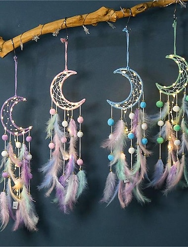  Atrapasueños de 1 pieza, atrapasueños de plumas con diseño de luna y estrella de gato, adorno colgante para decoración del hogar para colgar en la pared para la habitación de los niños