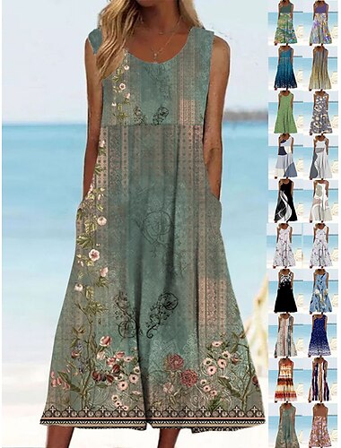  Női Ujjatlan ruha Virágos Grafika Nyomtatott Terített nyak Midi ruha Napi Vakáció Ujjatlan Nyár Tavasz