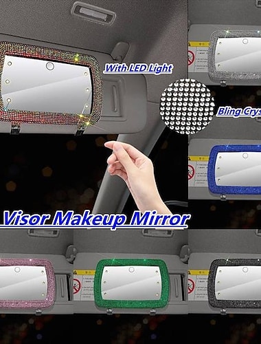  espelho de viseira de carro de strass bling, espelho de maquiagem de automóvel portátil, espelho de maquilhagem para clipe, espelho cosmético de proteção solar com botão de toque e 6 luzes led