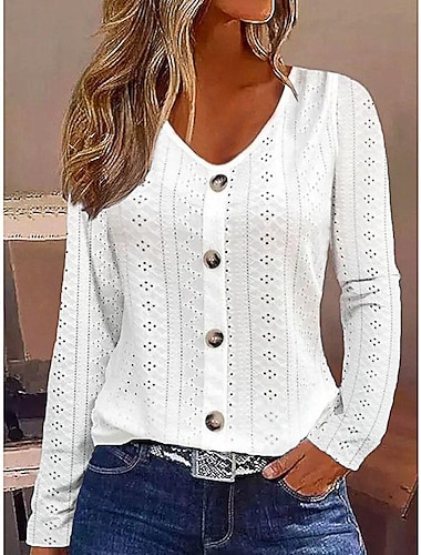  Women's T shirt Tee Plain Button Casual Elegant Fashion Basic Long Sleeve V Neck White Fall & Winter